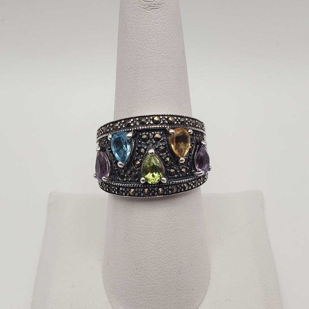 Sterling Silver 925 Peridot Citrine Topaz Amethyst Marcasite Ring Size 9